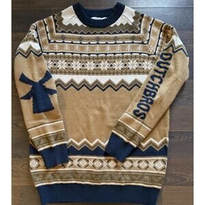Dutch Bros Sweater Mustard Navy Fair Isle Unisex Ribbed Knit Pullover Medium